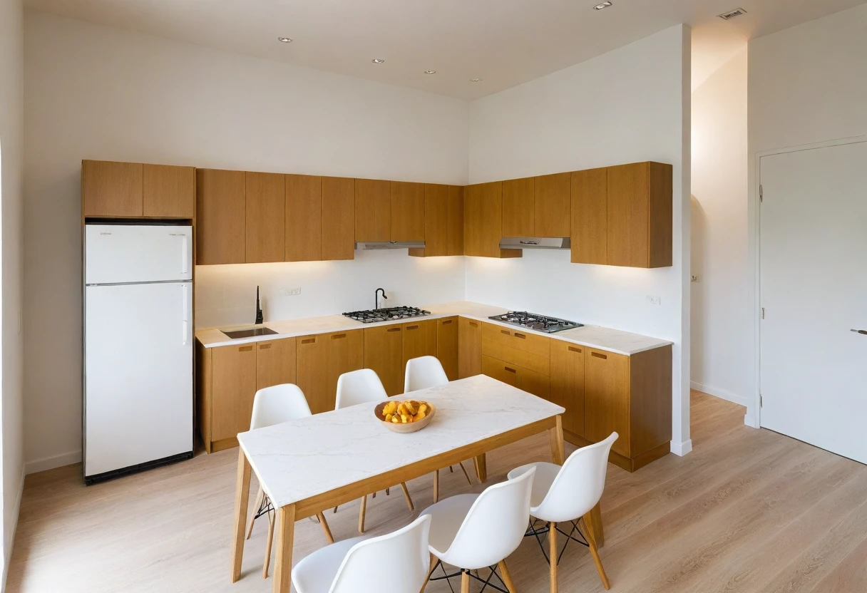 ((masterpiece,best quality,highres,sharp forcus)) (((detail forcus))) , ( kitchen and dining :1.3 ), modern style, daylight, ((WHITE wall : 1.3 )) plaster ceiling, bright, oak , daylight , NEUTARAL tone , bright color, pendant light, marble tile floor, PENDANT LIGHT,