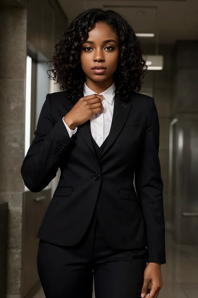 black female, curly hair and suit with open hands with expression of doubts with white background