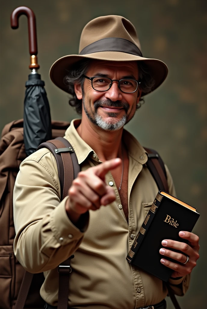 Create an Indiana Jones style image of a 63 year old Latino-Italian man,indigenous brunette face, using reading glasses, gray curly hair, Side-parted hairstyle and casual dress, holding a bible in his left hand and pointing at the bible with his index finger of his right hand, smiling placidly, He doesn&#39;t have a beard or a moustache and looks clean shaven., In the book it should only say BIBLE, He carries a backpack and an umbrella hanging from the same backpack 