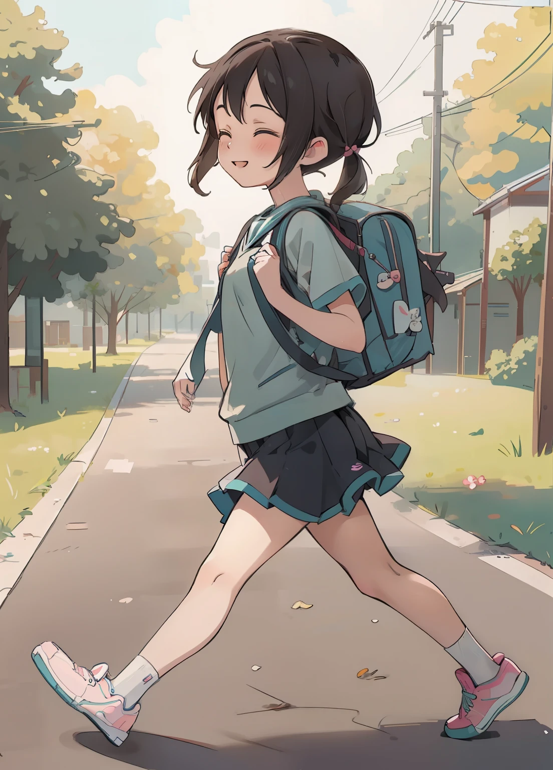 (masterpiece、Highest quality、Highest quality、Official Art、Beautiful and beautiful:1.2)、(One person:1.3)Hatsune Miku、Twin tails,Beautiful breasts, Katsushika Hokusai,masterpiece, Highest quality, plural, Backpack, bag, Three people, skirt, close your eyes, Black Hair, school bag, Open your mouth, short hair, Brown Hair, Outdoor, smile, sneakers, Twin tails, shoes下, shoes, child, road, walk, wood, Day, ^_^, short Twin tails, running
