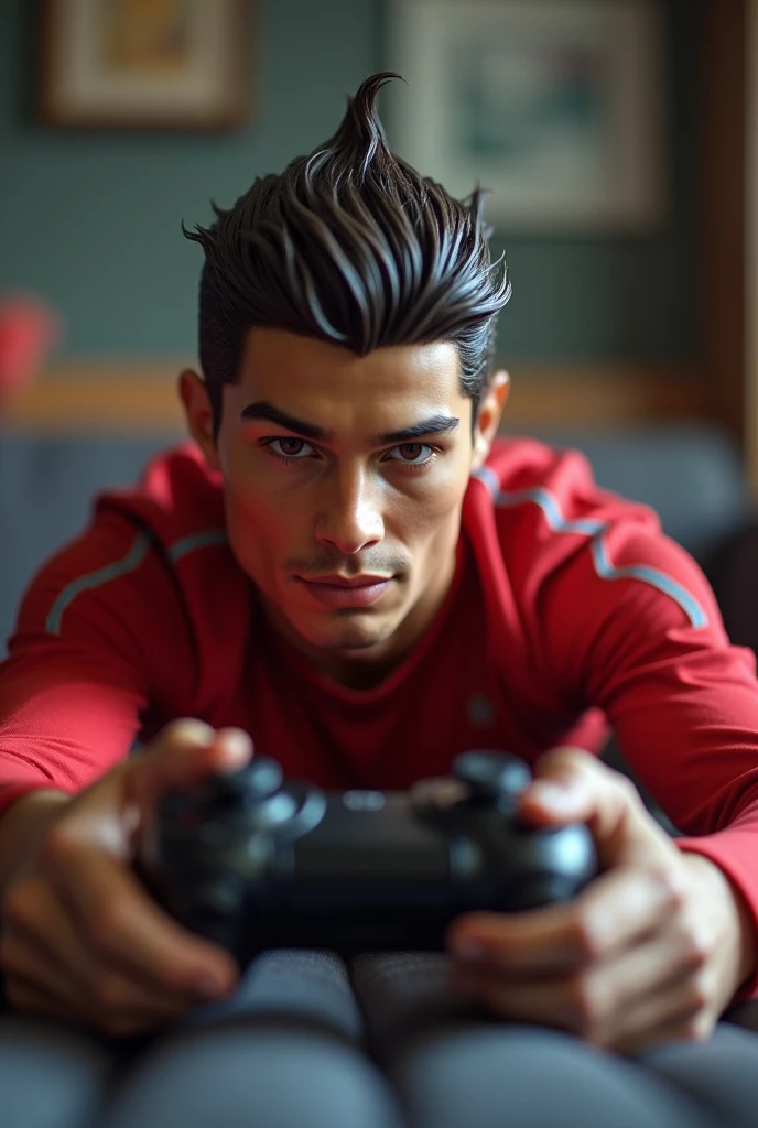 (full body shot:1) photorealistic image of a (laying pose:1) ultrarealistic, photography, cristiano ronaldo, blur background, playing video games with a babydoll