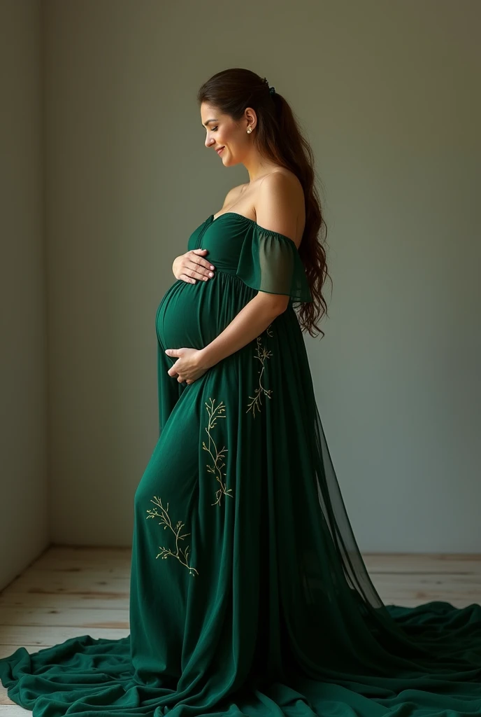 pregnant woman in green gown made with leaf posing for a photo in front of a wall, maternal photography 4 k, pregnant belly, pregnancy, she wears a dark green dress, photo of a beautiful, full body green dress, pregnant, full body photoshoot, maternity feeling, dark green dress, tummy, her belly is fat and round, elegant posed, full body pose, belly