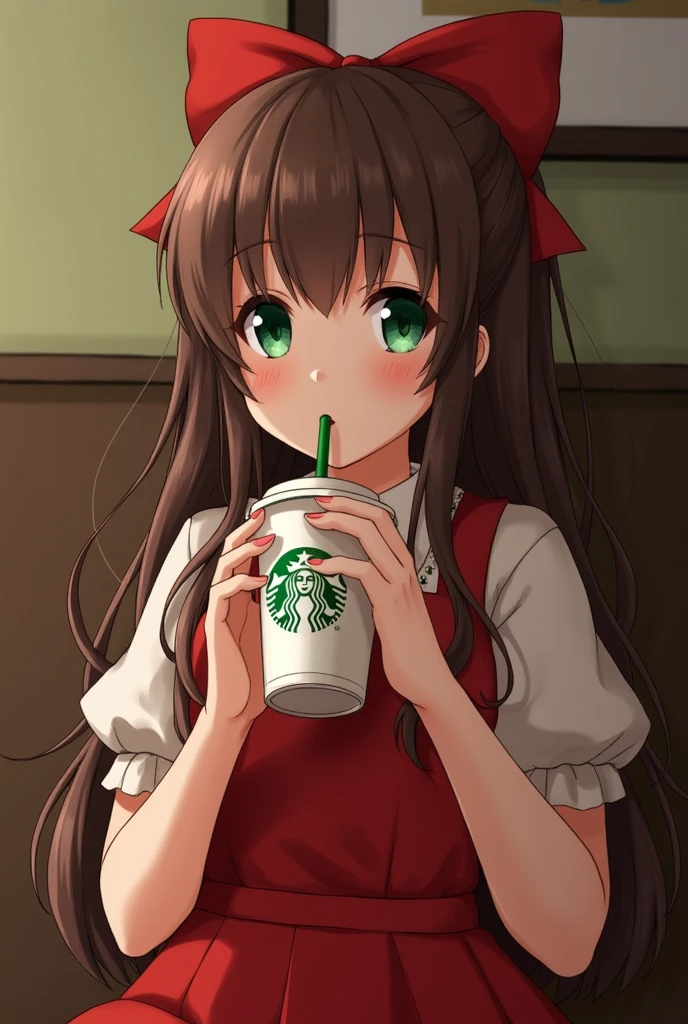 Sexy 17 young girl, brown hair, green eyes, , red dress and bow drinking Starbucks