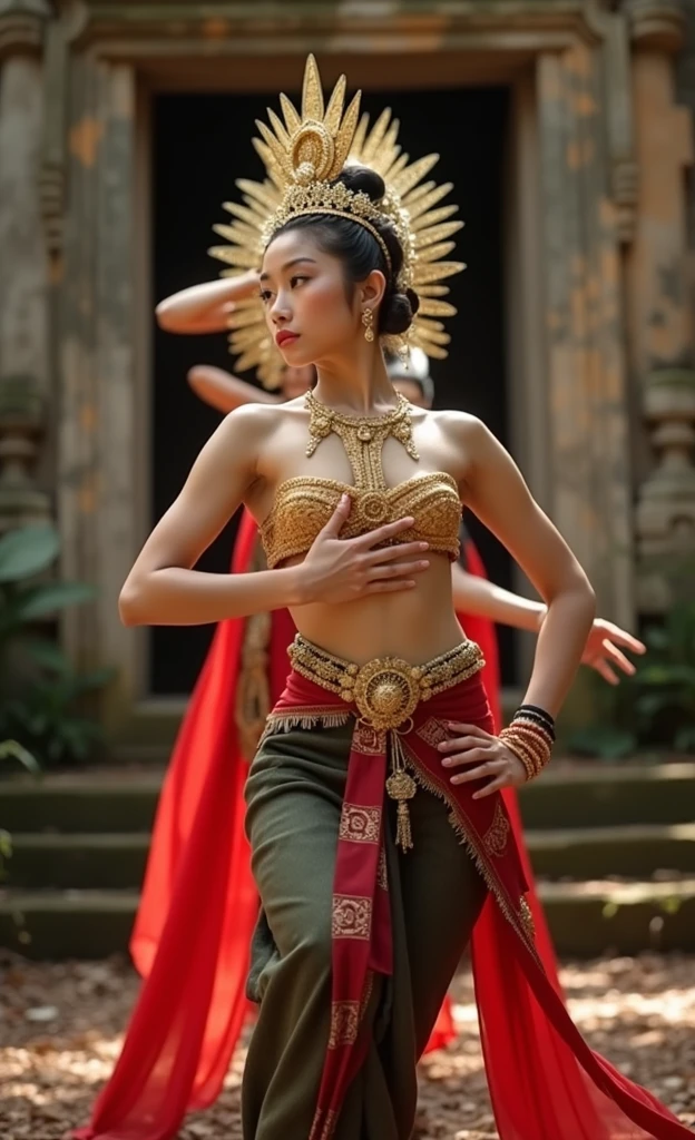 (Masterpiece), (คุณภาพgoodที่สุด), (1 woman), Young woman in Thai apsara costume,Thai dance,good,The backdrop of an old stone castle like Phanom Rung Castle, Buriram Province, Thailand, The forest background looks mysterious.., Ancient Khmer apsara costume, เครื่องประดับสไตล์ทวารวgoodสีทอง,bare chest,Ancient Khmer red sarong,hairpin,The feeling of an apsara nymph emerging from a sculpture in an ancient Khmer temple.