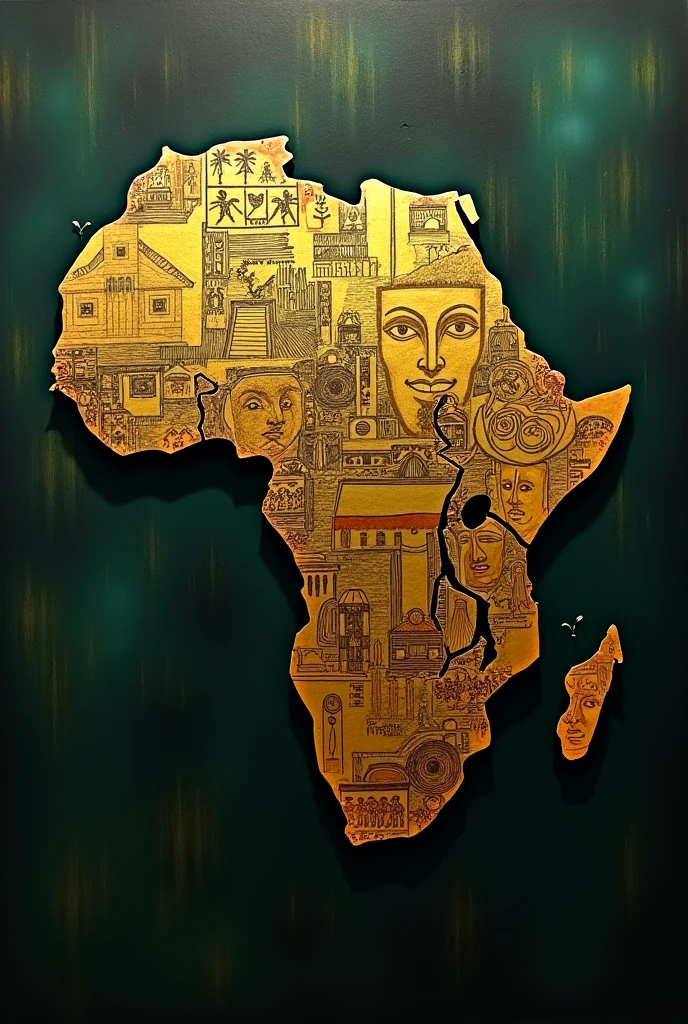 Image 2D du continent Africain inversé la tête en bas ... Tu associe à cette image des couleurs noire, verte ,et jaune... Sur l'image met des motifs Egyptiens, des symboles de sagesses africaine, . illustre la profondeur du réalisme dans cette image