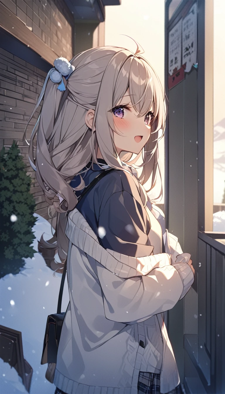 One Woman、beautiful girl、after school、evening、high school girl、School、Back of the school building、winter、Keyaki Tree々、Snow all over、it&#39;s snowing、Snowfall、Blazer Uniform、Pleated skirt、Duffle coat、Scarf、Black knee-high socks、Long Hair、Scarfを着用する、Highest quality、Ultra HD、 Black Pantyhose、Thick thighs、Big Ass、Black Hair、Black panties、White Breath