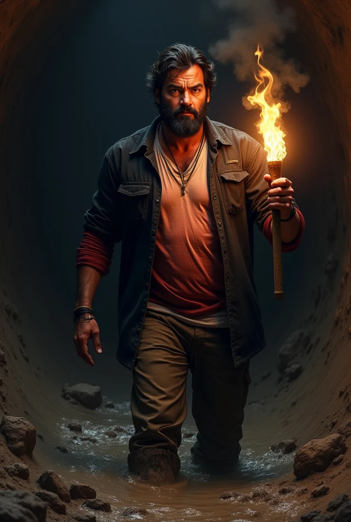 A 30 year old man is standing in a mud pit (no underground light) He has a light beard and mustache on his face (black in color) He has a torch in his right hand He wears a red full sleeved shirt and a black full pant shirt unbuttoned and white inside T-shirt