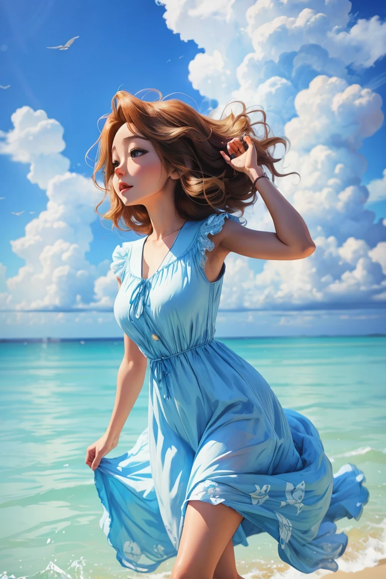 beautiful dress, female anime happy woman, clouds, blue sky, sea
