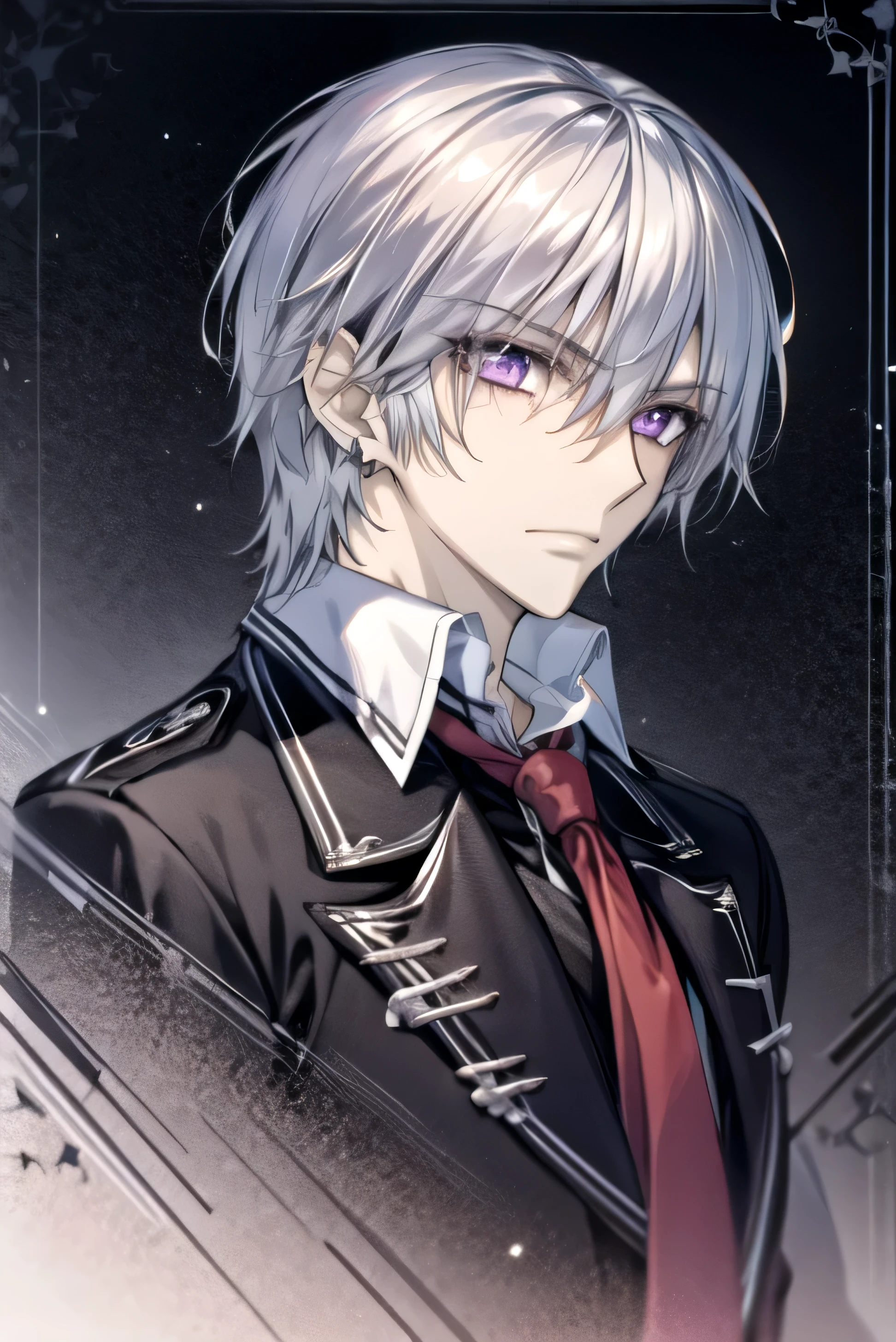 (absurdres, highres, ultra detailed, HDR), masterpiece, best quality, Zero Kiryuu, 1man, solo, handsome, (short silver hair), vibrant purple eyes, finely eye and detailed face, solid black background, black uniform, vampire knight, (arms behind back), solid crimson background, (portrait), 
