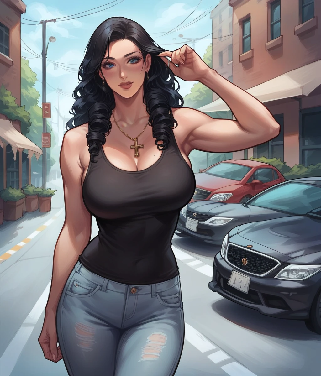 uploaded e621, score_9, score_8_up, score_7_up, score_6_up, score_5_up, score_4_up, rating_safe, smooth, source_furry, {realistic},  there is a woman with very long thick hair standing in a parking lot, 30-year-old woman from cuba, sza, gorgeous babe, sexy black woman walks past them, doja cat, long black curly hair, ☁🌪🌙👩🏾, she is wearing beige sweater, black tank top with cross necklace , long curvy black hair, black long curly hair, young black woman, milf