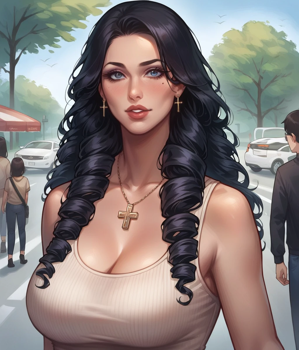uploaded e621, score_9, score_8_up, score_7_up, score_6_up, score_5_up, score_4_up, rating_safe, smooth, source_furry, {realistic},  there is a woman with very long thick hair standing in a parking lot, 30-year-old woman from cuba, sza, gorgeous babe, sexy black woman walks past them, doja cat, long black curly hair, ☁🌪🌙👩🏾, she is wearing beige sweater, black tank top with cross necklace , long curvy black hair, black long curly hair, young black woman, milf