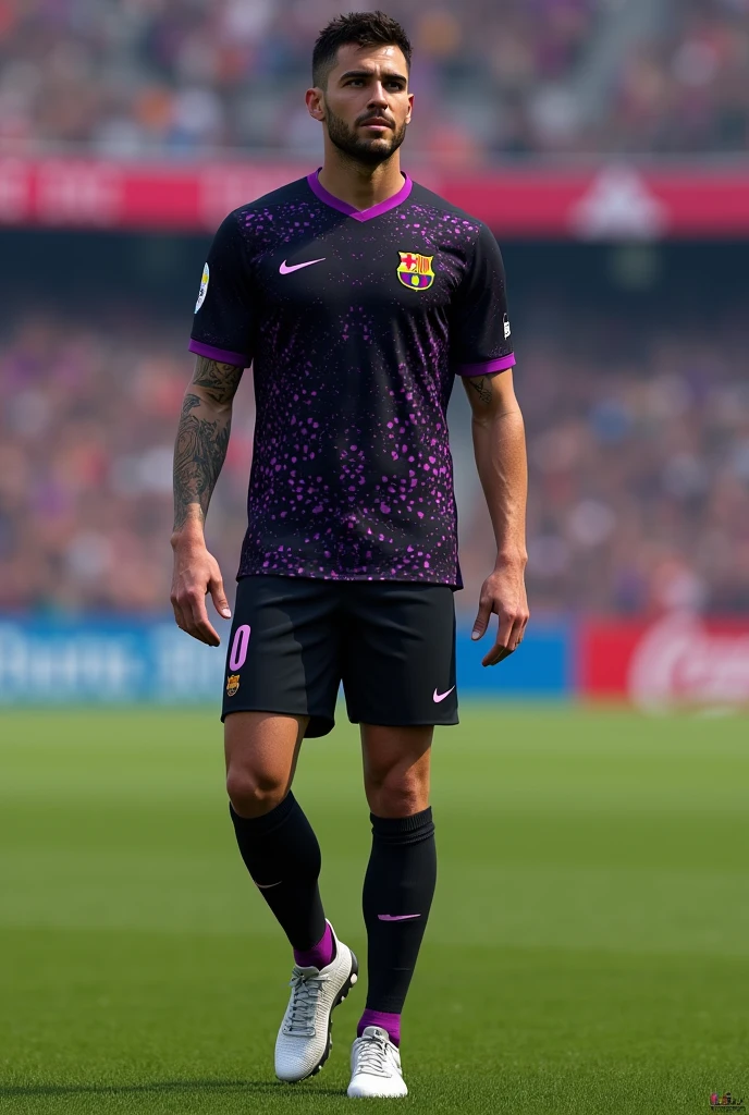 Barcelona black and purple full soccer uniform, The shirt is black with purple spots, as are the shorts. 


