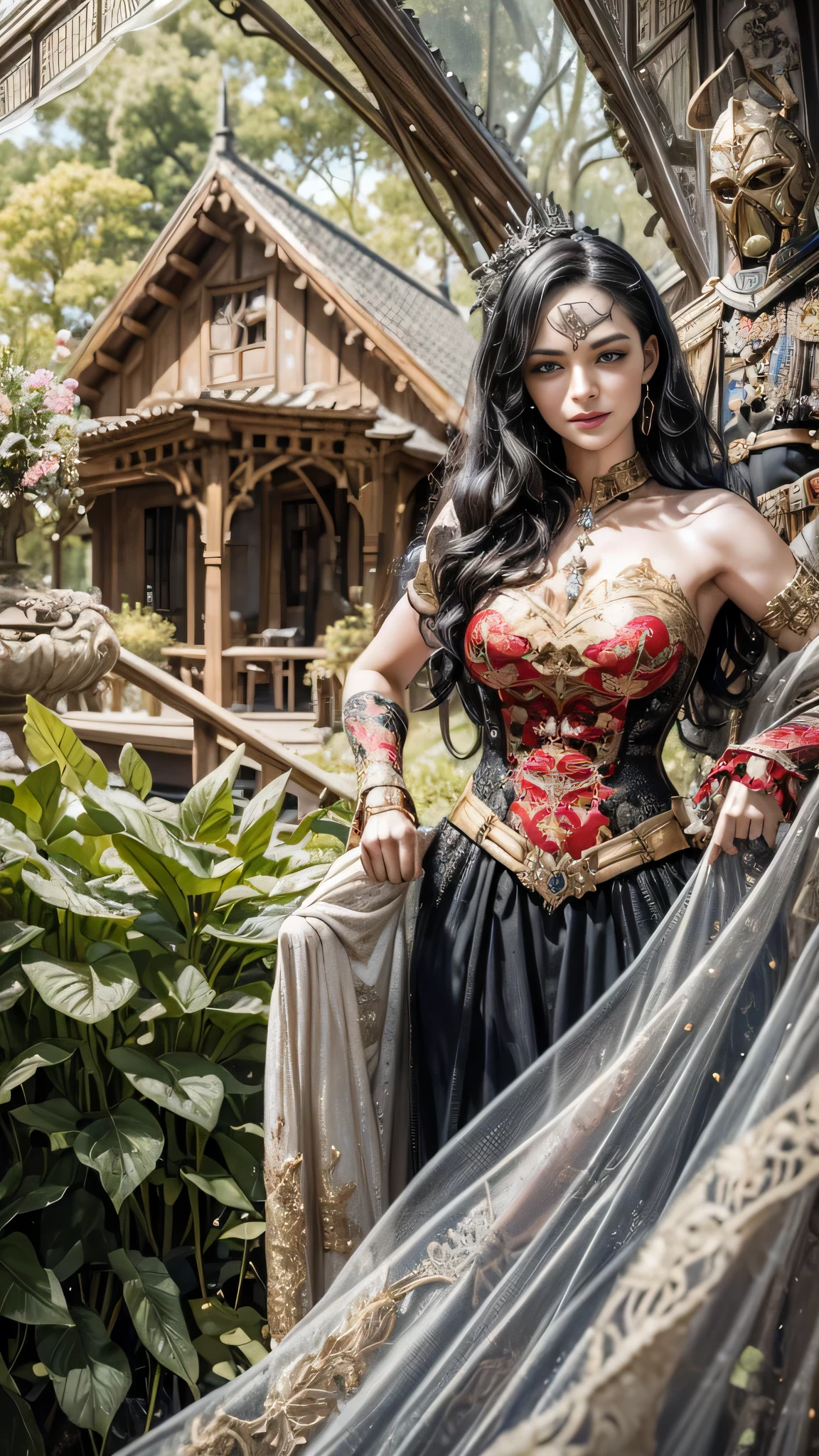 a woman in a dark imperial military uniform inspects the interior of a gothic house populated by grotesque and surreal figures hyper-realistic, cinematic, 4k, ultra-detailed, masterpiece, intricate-details, photo-realistic, perfect-details ,smiling