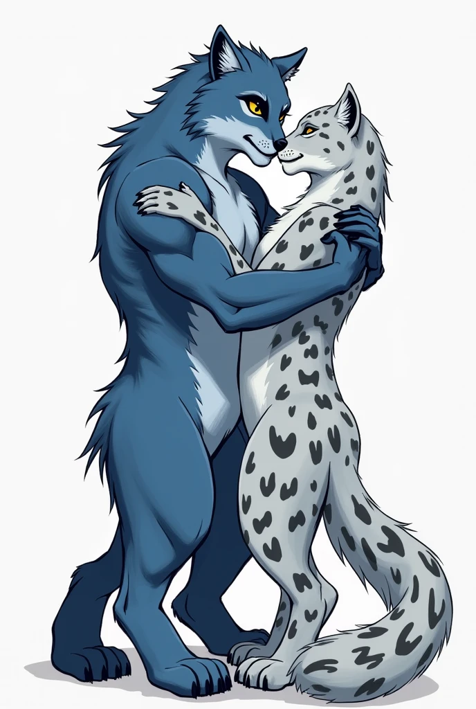 Anthropomorphic blue wolf beautiful body black and yellow eyes, gay, naked, furson,Black stripes on the body, black hands and feet, embarrassed, You can see the penis, kisses gay naked anthropomorphic snow leopard, Drawn style