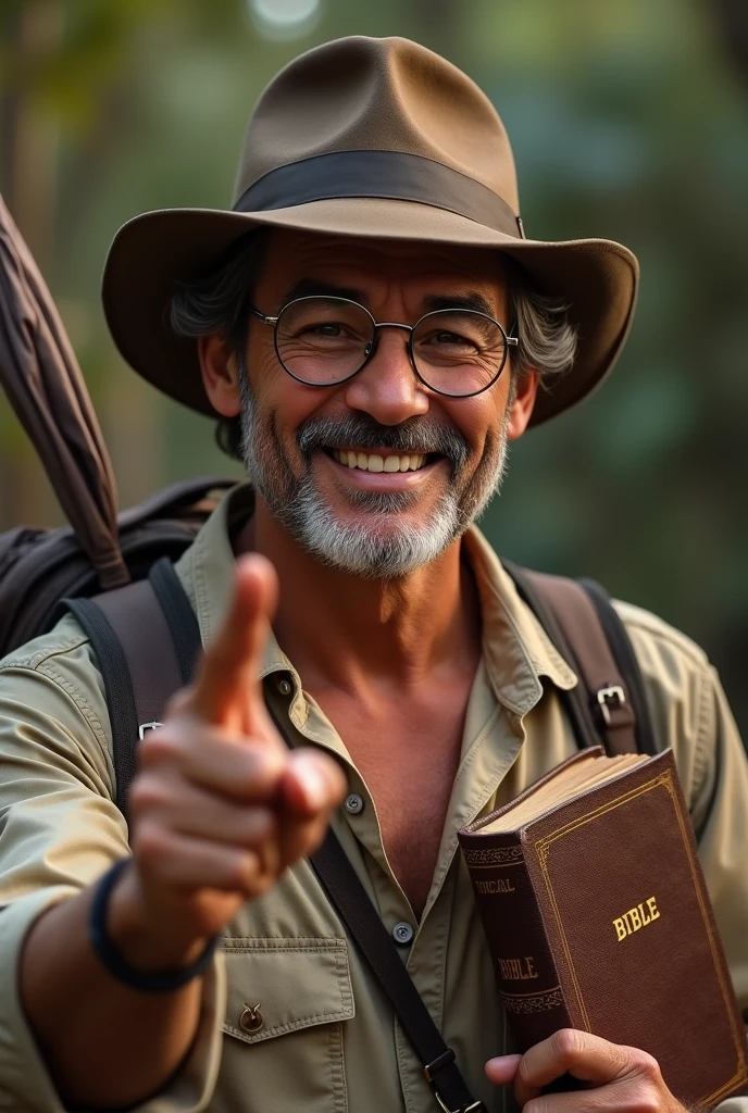 Create an Indiana Jones style image of a 63 year old Latino-Italian man,indigenous brunette face, using reading glasses, gray curly hair, Side-parted hairstyle and casual dress, holding a bible in his left hand and pointing at the bible with his index finger of his right hand, smiling placidly, He doesn't have a beard or a moustache and looks clean shaven., In the book it should only say BIBLE, He carries a backpack and an umbrella hanging from the same backpack