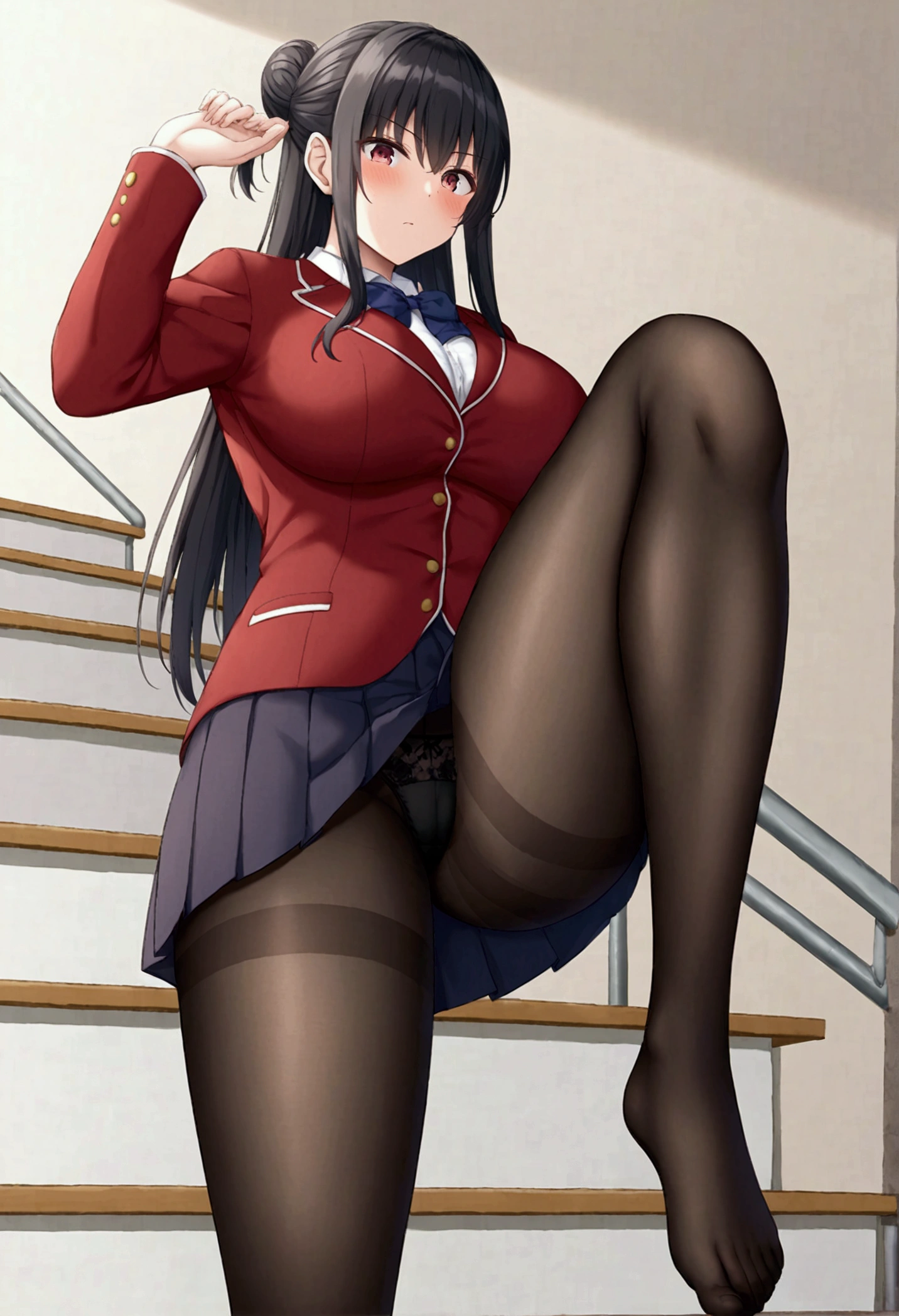 One Woman、beautiful girl, Highest quality, Thick thighs、Big Ass 、Big Breasts、Black Hair、Long Hair、Bangs、Red Blazer Uniform、Angle from directly below、Intimidating attitude、School、Many students behind、Brush your hair up、Pleated skirt、Black Pantyhose、Black panties、walk、Climbing the stairs、Schoolの階段、Raise one leg