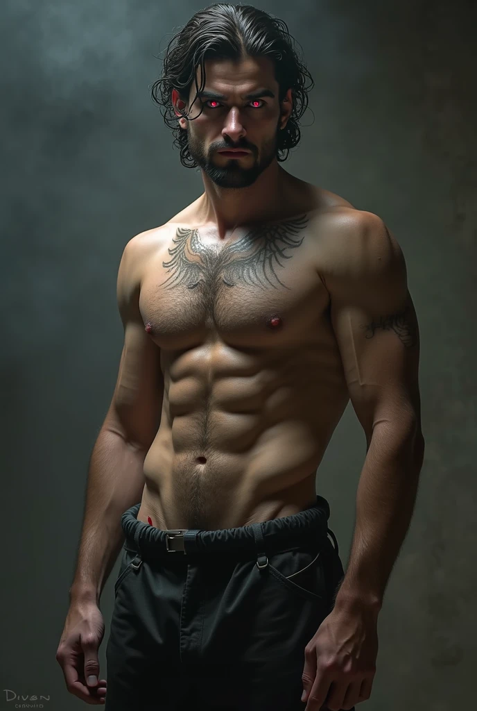 Man.
30 years old 
Is tall.  
Has dark hair.  
Has an extremely attractive appearance, with an otherworldly look.  
Has a lean and muscular build.  
Has a pair of intense crimson eyes.  
Has very sharp fangs and claws.  
, big , huge , perfect cock,sex, gay 
A smug smile on his face 