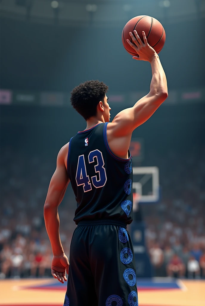 Young man turning his back, of some 23 years, with 1.93cm tall,  with black basketball jersey and details in the form of blue circles, with the number 43, shooting a three point shot from half court 