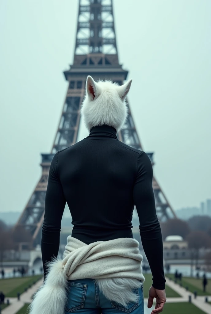A light-skinned man, Light Blue Eyes, hair as white as snow, with wolf ears and tail, wearing a black long sleeve turtleneck shirt, a pair of blue jeans, a white sweater tied around the hip, facing the Eiffel Tower