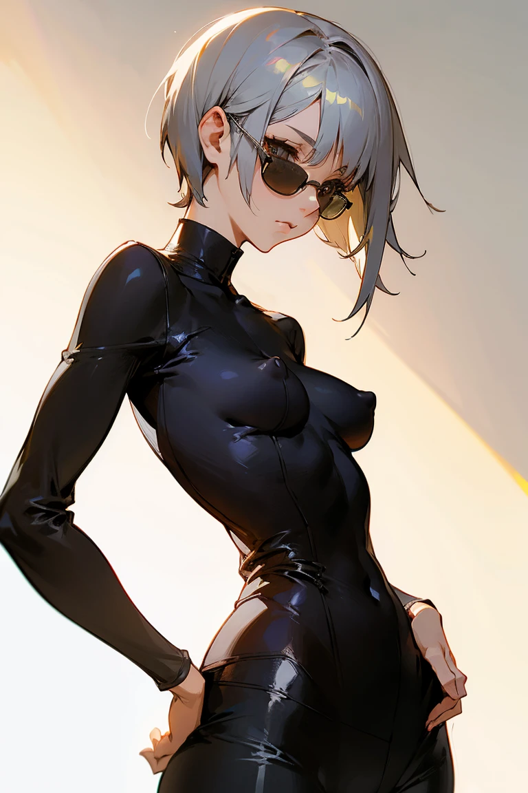 woman, Gray Hair, short hair, Small breasts，Erect nipples, Tight pants, Wear sunglasses.