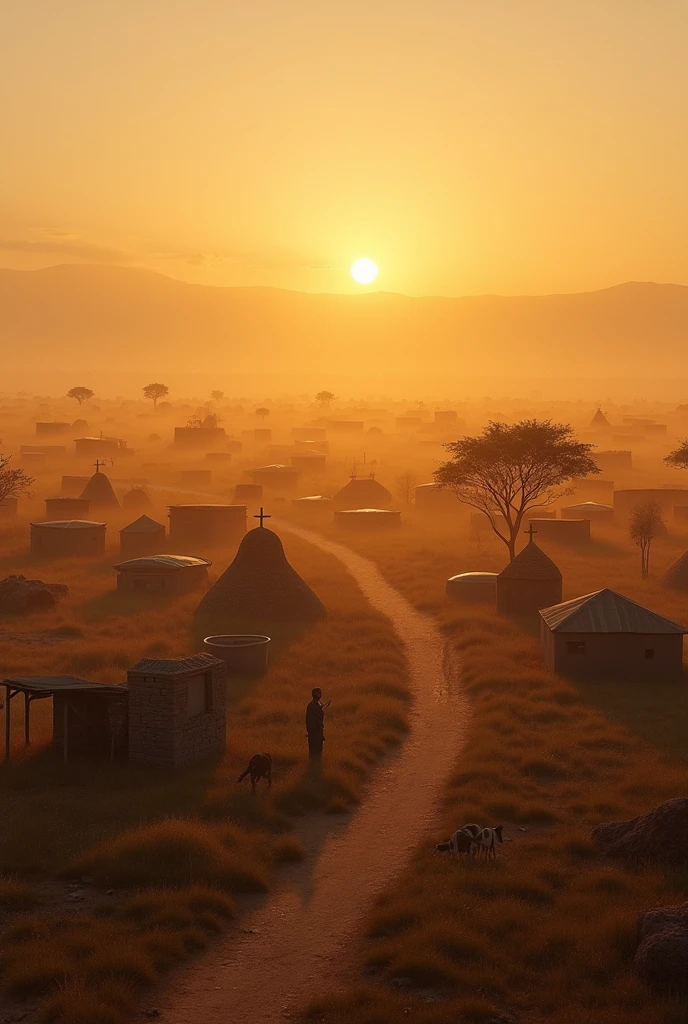 The sun rising over the horizon of a vast African plain, dyeing the sky with warm tones. The image slowly zooms in to reveal a village in the Kingdom of Gaza, showing details of the local architecture and the morning activities of the inhabitants. documentary style.