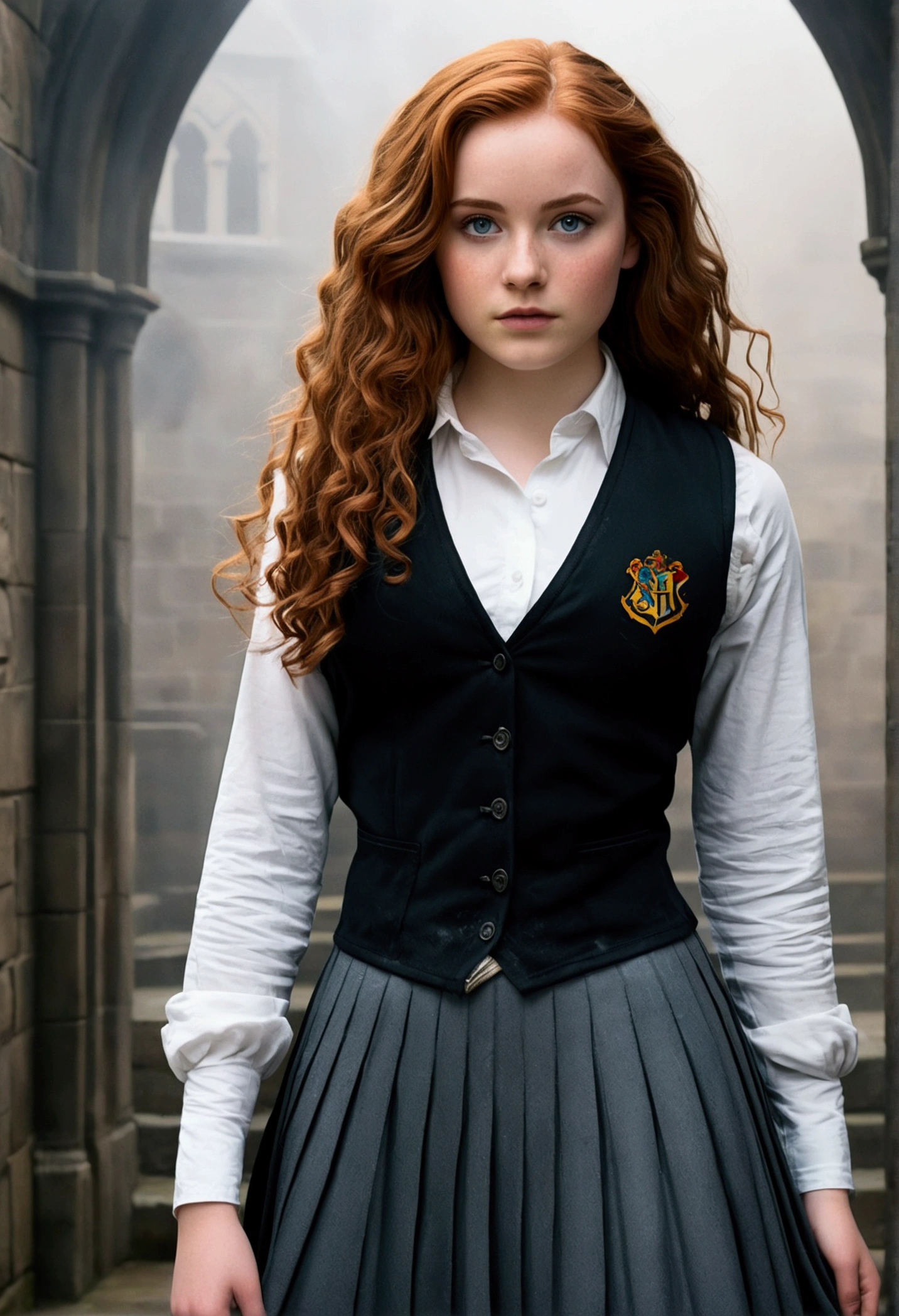 An illustrated movie poster, hand-drawn, full color, a teenage Hogwarts student, 18-years-old, female, wearing a charcoal vest and a pleated skirt, athletic hourglass figure, full wide hips, massive round butt, long shapely legs, ridiculously thick powerful thighs, vibrant eyes, deep dark auburn hair, voluminous curly mane, flushed sun-kissed complexion, freckles, resembles Genevieve O'Reilly, standing in a foggy Hogwarts courtyard, surrounded by mist, graphite shading, stencil marks, airbrushed acrylic paint, masterpiece, close-up shot, in the style of the Deathly Hallows 