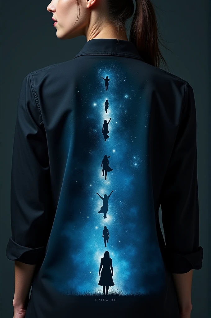Create a women&#39;s shirt with people below being taken to heaven. black color with sky blue 