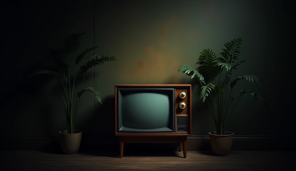 Picture a moody, atmospheric scene set in an old English-style house, painted in soft, shadowy strokes. A vintage TV with a wooden frame and brass dials stands against a dark, aged wallpaper that fades into deep shadows. The room is illuminated only by a subtle, warm light that softly highlights the edges of the TV and nearby objects. Tall, leafy plants stand quietly on either side of the TV, their forms silhouetted yet touched by faint glimmers of light. The dark background adds mystery, while the subtle glow creates a sense of calm nostalgia, like a forgotten memory brought to life in a gentle, artistic composition.