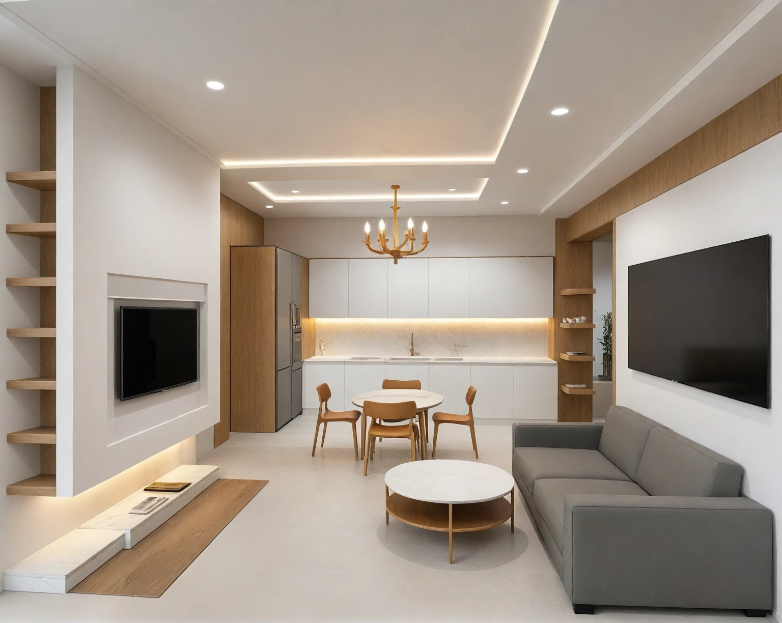 ((masterpiece,best quality,highres,sharp forcus)) (((detail forcus))) , ( living room and  dining :1.3 ), modern style, daylight, ((WHITE wall : 1.3 )) plaster ceiling, bright, oak , daylight , NEUTARAL tone , bright color, pendant light, marble tile floor, PENDANT LIGHT, 