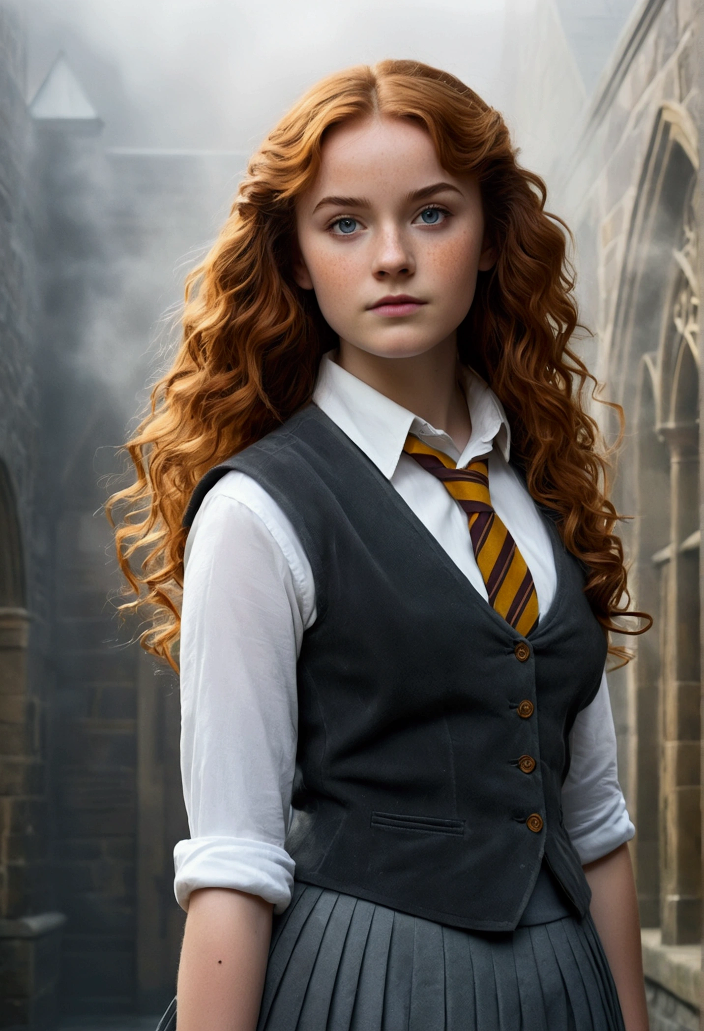 An illustrated movie poster, hand-drawn, full color, a teenage Hogwarts student, 18-years-old, female, wearing a charcoal vest and a pleated skirt, athletic hourglass figure, full wide hips, massive round butt, long shapely legs, ridiculously thick powerful thighs, vibrant eyes, deep dark auburn hair, voluminous curly mane, flushed sun-kissed complexion, freckles, resembles Genevieve O'Reilly, standing in a foggy Hogwarts courtyard, surrounded by mist, graphite shading, stencil marks, airbrushed acrylic paint, masterpiece, close-up shot, in the style of the Deathly Hallows