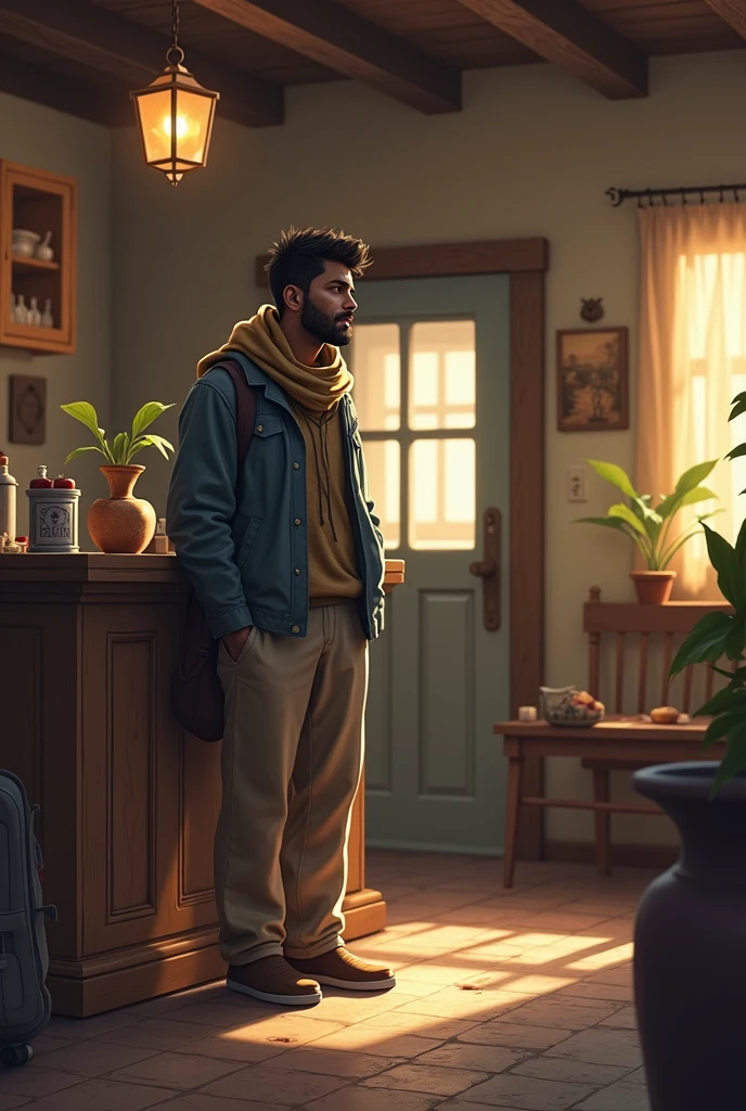 Sundar entering a modest inn or guesthouse. The inn is simple with basic furnishings. Sundar looks exhausted but hopeful as he checks in and prepares to rest, signaling the beginning of his job search."