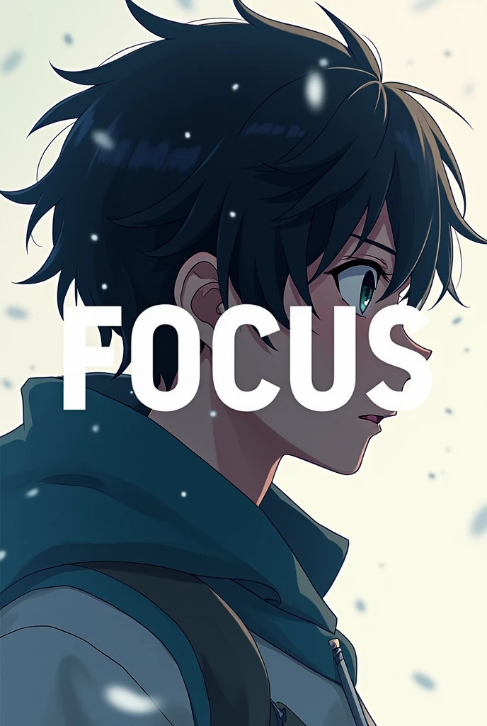 Make me an wallpaper with 'focus' written on it where an anime character is also there in a very realistic way