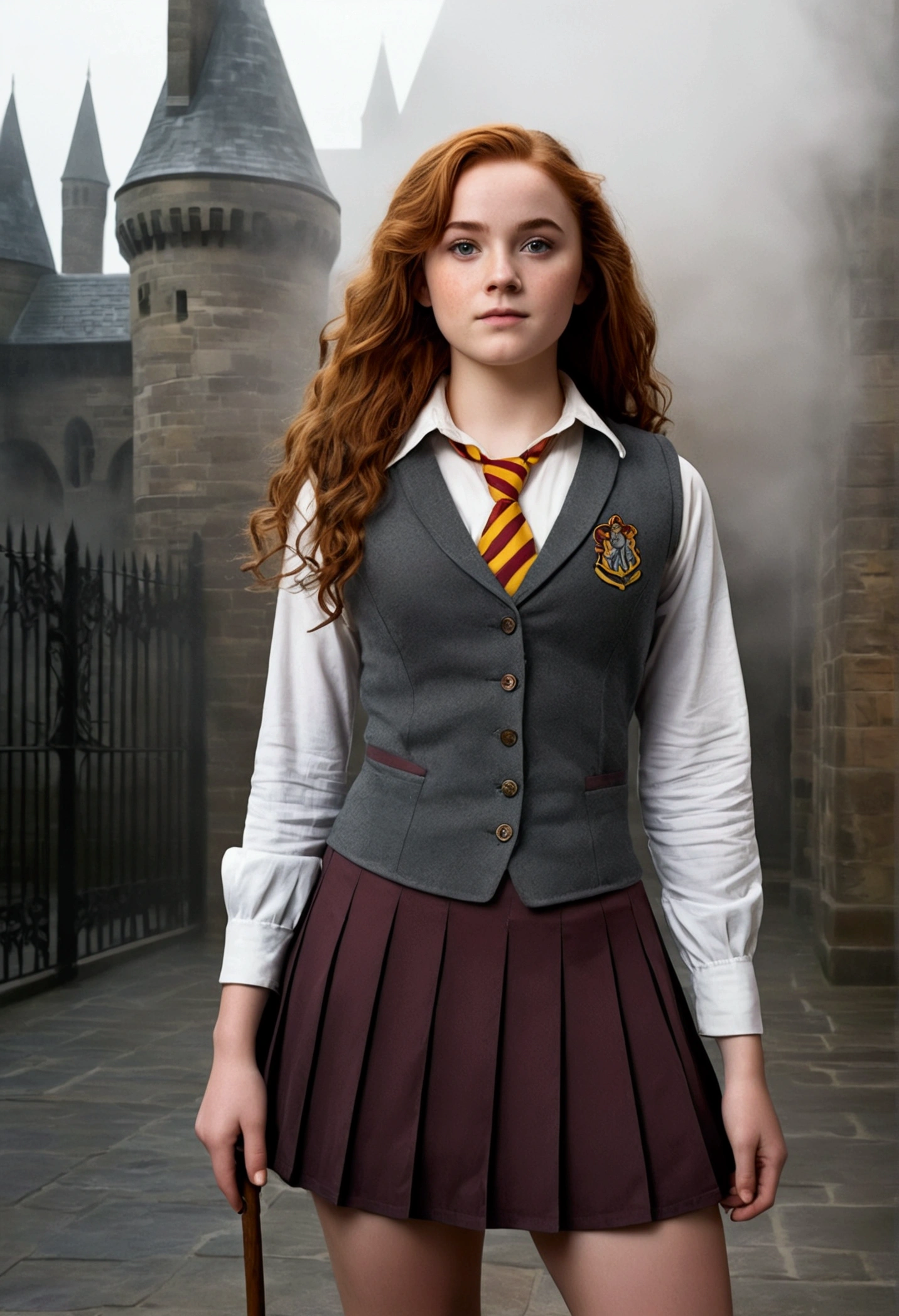 An illustrated movie poster, hand-drawn, full color, a teenage Hogwarts student, 18-years-old, female, wearing a charcoal vest and a pleated skirt, athletic hourglass figure, full wide hips, massive round butt, long shapely legs, ridiculously thick powerful thighs, vibrant eyes, deep dark auburn hair, voluminous curly mane, flushed sun-kissed complexion, freckles, resembles Genevieve O'Reilly, standing in a foggy Hogwarts courtyard, surrounded by mist, graphite shading, stencil marks, airbrushed acrylic paint, masterpiece, close-up shot, in the style of the Deathly Hallows