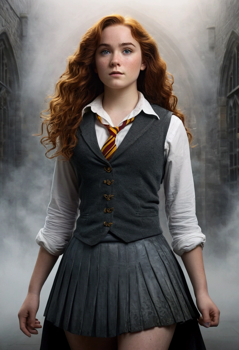 An illustrated movie poster, hand-drawn, full color, a teenage Hogwarts student, 18-years-old, female, wearing a charcoal vest and a pleated skirt, athletic hourglass figure, full wide hips, massive round butt, long shapely legs, ridiculously thick powerful thighs, vibrant eyes, deep dark auburn hair, voluminous curly mane, flushed sun-kissed complexion, freckles, resembles Genevieve O'Reilly, standing in a foggy Hogwarts courtyard, surrounded by mist, graphite shading, stencil marks, airbrushed acrylic paint, masterpiece, close-up shot, in the style of the Deathly Hallows 