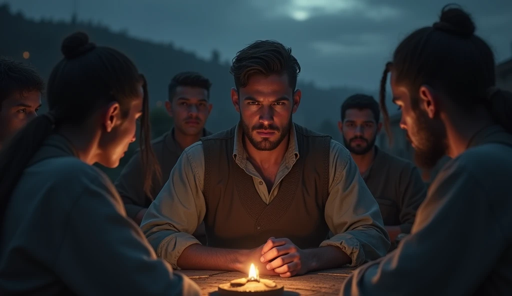 Adult boy discuss with villagers at midnight 