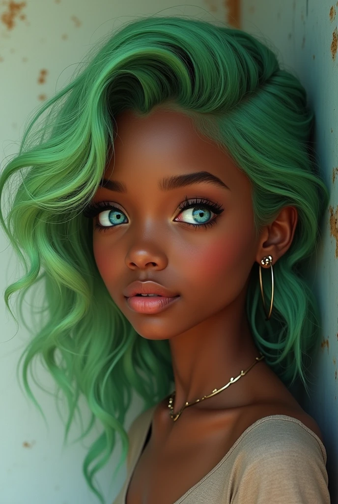 Une jeune fille adolescente noire au teint chocolat ciré et brillant aux yeux bleus et aux cheveux verts citrons en réaliste