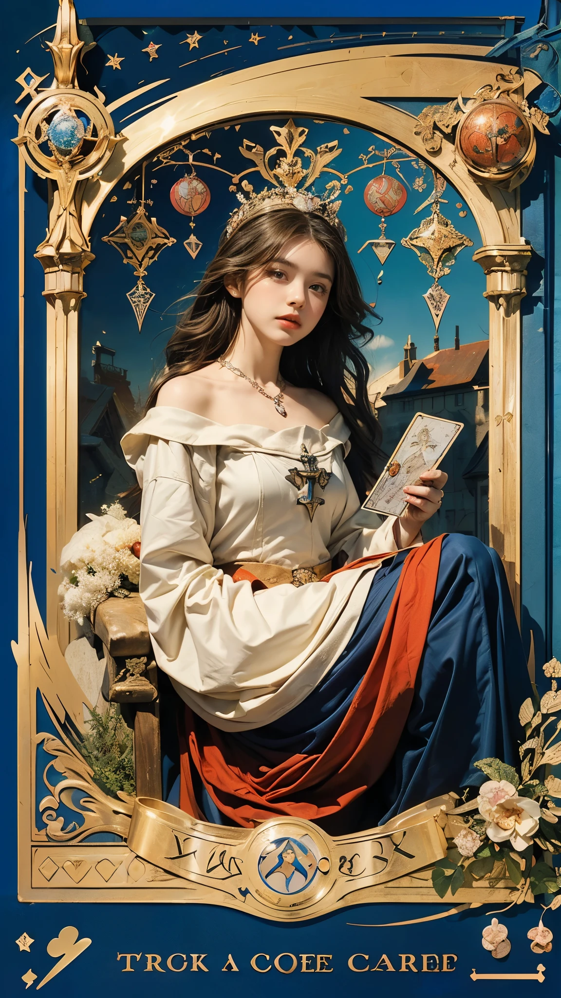 Highest quality、masterpiece、タロットcard、Balance scale、(Morgan Greer Tarot:1.2)、Retro art style、Thick outline、English text、Roman numerals、card、(Moderate)、(タロットcard風の枠:1.5)、((Beautiful female traveller in medieval Europe:1.5))