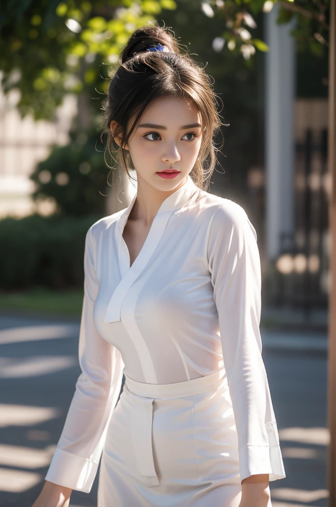 1 beautiful girl in Hanfu, ((very thin and soft white silk shirt)), platinum purple long ponytail, Jewelry, ear jewelry, necklace and necklace, carefully painted purple big eyes, carefully made up, thin eyebrows, high nose, beautiful red lips, no smile, pursed lips, rosy cheeks, wide chest, , well-proportioned breasts, slt, well-proportioned buttocks, black fiockings, Chinese Hanfu style, fictional art pattern, full of bright and realistic colors, RAW photo, realistic photo, 8k ultra-high quality surreal photo, (magic light effect effect: 1.8), 10x pixels, magic effect (Background): 1.8), super detailed eyes, full body portrait of the girl, standing in the rain, wet clothes hugging the body, revealing beautiful curves, dynamic posture