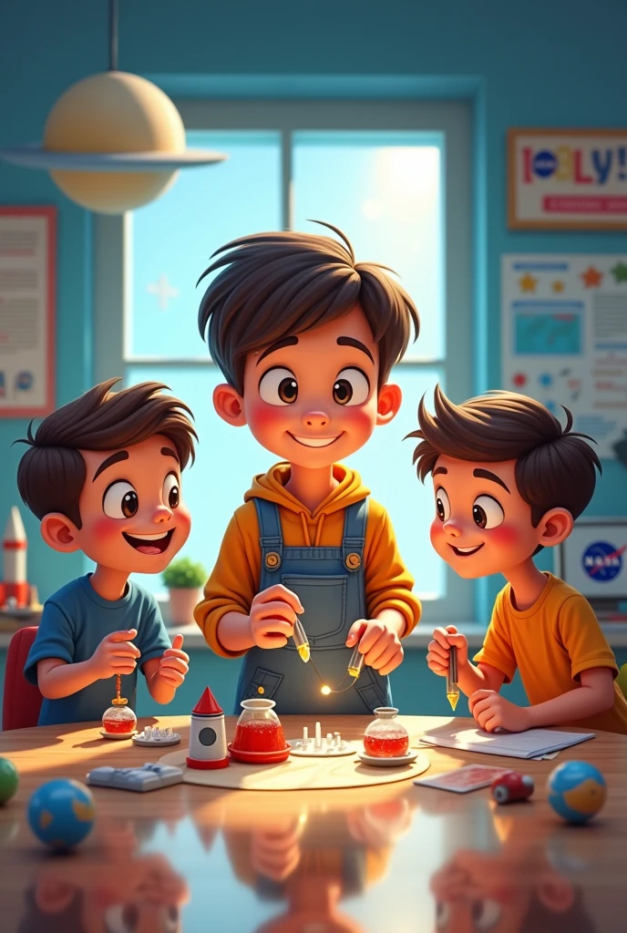 1 matured boy taking funny NASA for  3 boys 