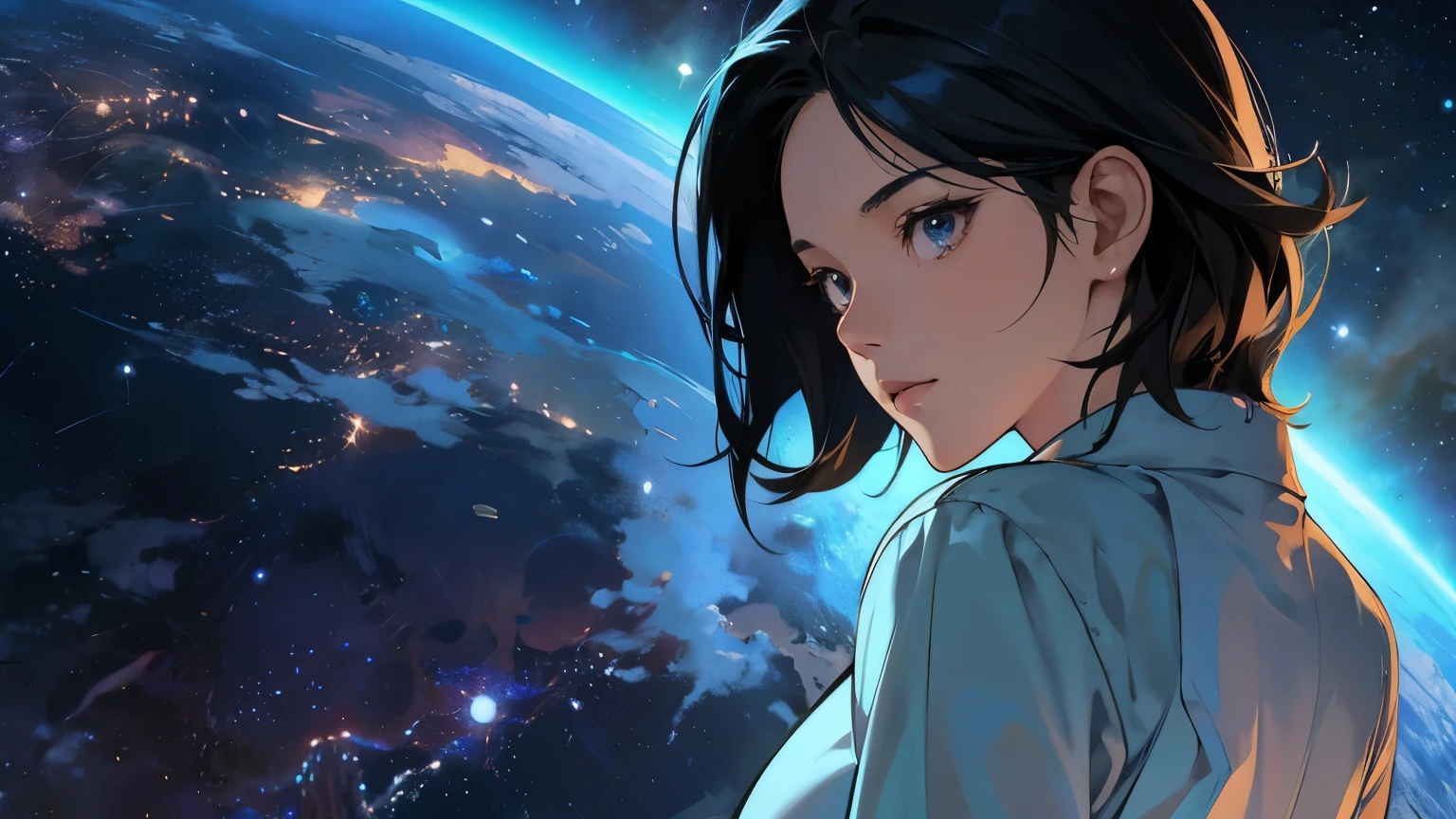 Animated character looking at the camera with planets in the background, Portrait Anime Astronaut Girl, girl in space, Artgerm JSC, Makoto Shinkai and Artgelm, Artjam and Athi Gairan, Space-like hair anime, Anime Style 4k, Digital anime illustration, Digital anime art, detailed Digital anime art, Official artwork