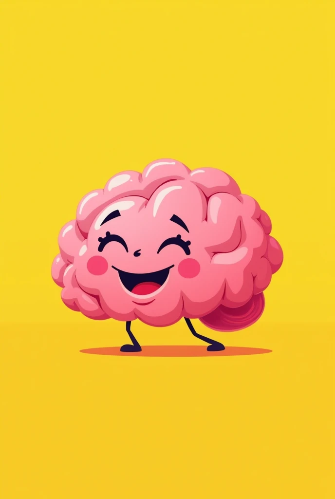 Create an image of a smiling pink brain with a yellow background. Make this image cartoonish