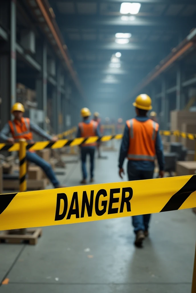 Danger tape marking around a workplace where there are workers with personal protective equipment