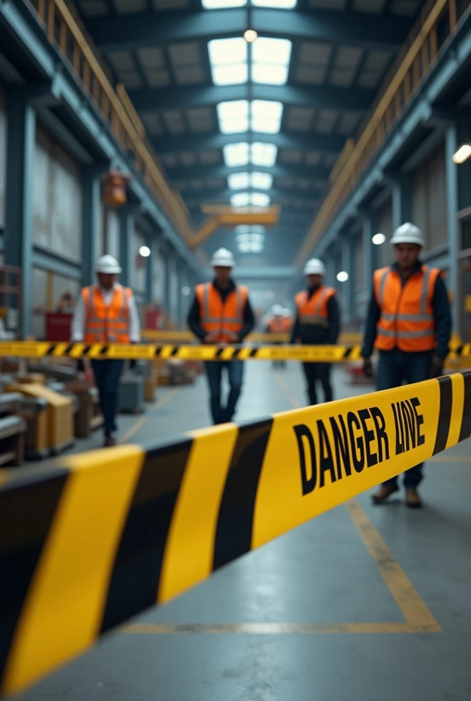 Danger tape marking around a workplace where there are workers with personal protective equipment