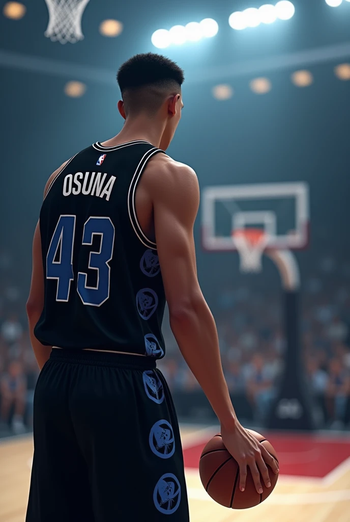 Young man turning his back, of some 23 years, with 1.93cm tall,  with black basketball jersey and details in the form of blue circles, with the number 43, Shooting a three-point shot from midcourt with the surname Osuna, combed back 