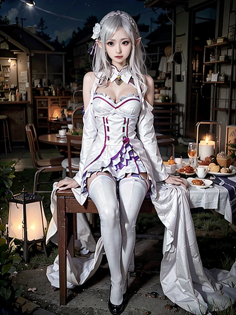 ulzzang-6500-v1.1,(raw photo:1.2),((photorealistic:1.4))best quality ,masterpiece, illustration, an extremely delicate and beautiful, extremely detailed ,CG ,unity ,8k wallpaper, finely detail, best quality,extremely detailed CG unity 8k wallpaper,absurdres, incredibly absurdres, huge breats,sexy body,huge filesize, ultra-detailed, highres, extremely detailed,beautiful detailed girl, extremely detailed eyes and face, beautiful detailed eyes,light on face,cinematic lighting,1girl,(full body),(full-body shot),looking at viewer,outdoors, silver_hair, pointy_ears, purple_eyes, hair_ornament, hair_ribbon, lips