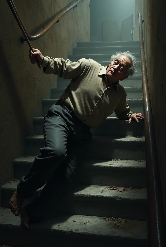 An image of an elderly man falling hard down the stairs due to a stroke
