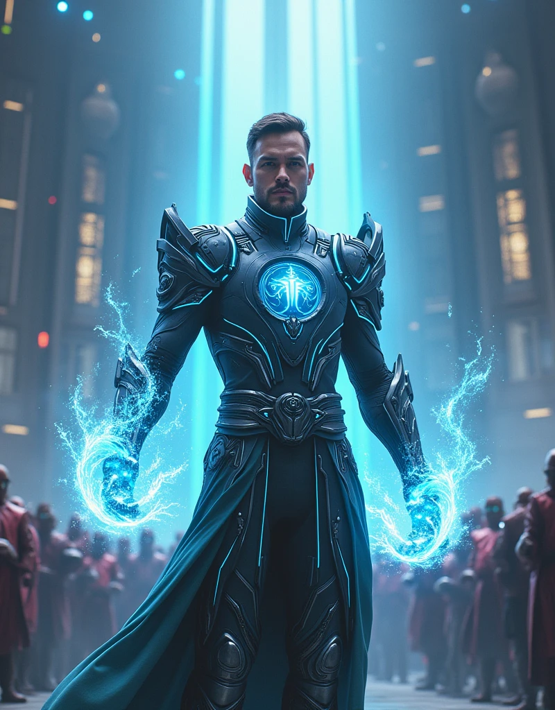 A futuristic male spellcaster wearing a streamlined, armored robe with holographic elements and glowing symbols. he's in a high-tech arena with advanced magical constructs and an audience of diverse futuristic beings.”