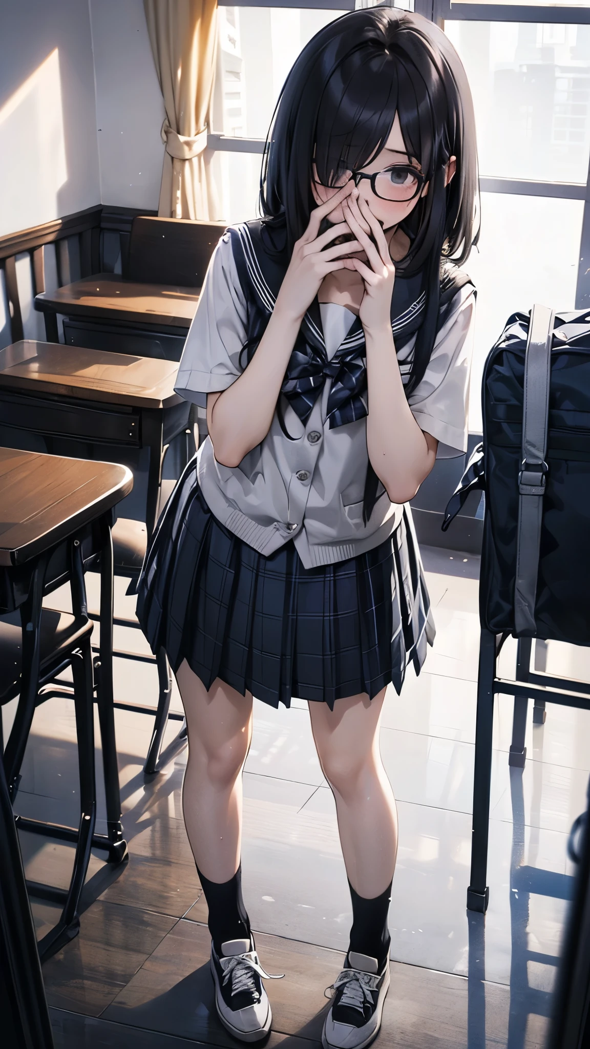 summer、empty classroom、thick、Sweat、、high school girl、Student Bags、、Low length、(((((Eyes hidden by long bangs)))))、(((Long black hair:1.2 hair band)))(((Black-rimmed glasses:1.2 black eye)))、Backlight、evening、Nostalgic atmosphere、Look at this、Front view、Full Body Shot、glamorous、loose socks、Checked mini skirt、Navy knit vest、Are standing、sneakers、Skirt Lift、Show your mysterious side、avert your eyes、Grey plaid pleated skirt, Blue checked bow tie)), White panties, (Are standing, , Lift up your skirt, Grab the hem of the skirt,Put your panties down、Thin pubic hair is visible、glamorous、Thick legs、