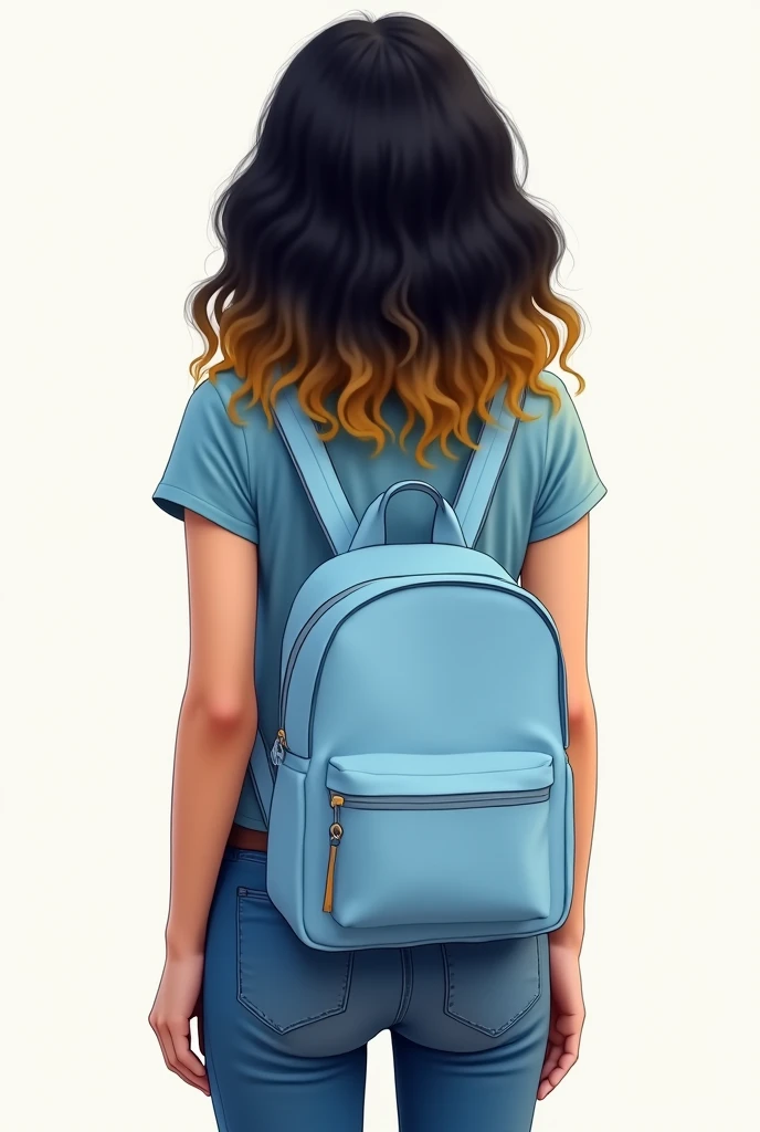 Backside the girl With her shoulder-length curly hair dyed black hair slightly yellowish on the end, With a light blue small sleeveless backpack and a light blue t-shirt and jeans all over legs and white shoes