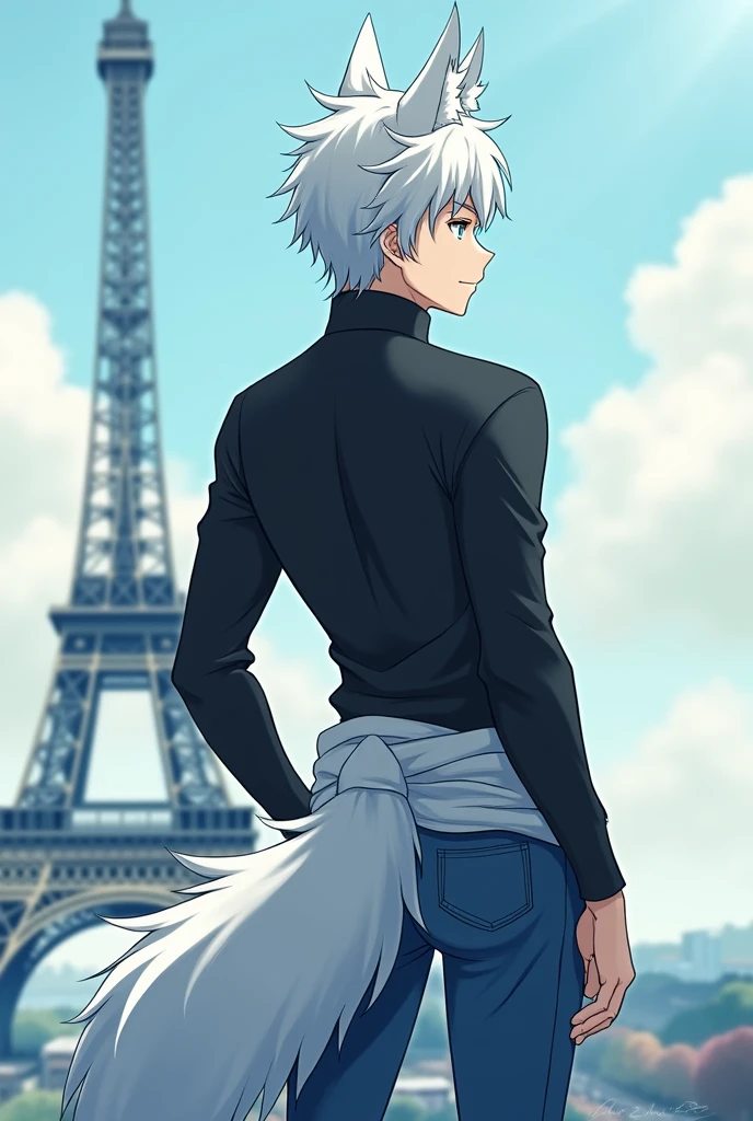 A light-skinned man, Light Blue Eyes, hair as white as snow, with wolf ears and tail, wearing a black long sleeve turtleneck shirt, a pair of blue jeans, a white sweater tied around the hip, facing the Eiffel Tower, anime styling